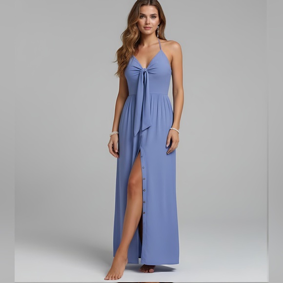 By Design Dresses & Skirts - Boho Blue Knot Front Tie Back Maxi Halter Dress